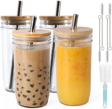 glass Jar with Lid and Straw Wide Mouth Mason Jar Drinking Glasses Tumbler Reusable Boba Cups with Bamboo Lid