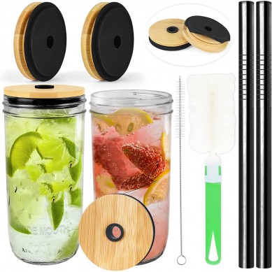 Jar Cups with Lids and Straws Set Wide Mouth Smoothie Cups Drinking Glasses Tumbler with Lids
