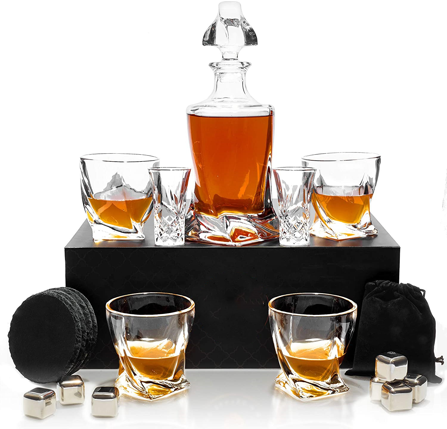 Best-Selling Wood Glass Gift Box -  Whiskey Decanter Twisted Whiskey Glasses Stainless Steel Whisky Cubes  Coasters Silicone Tongs in Pinewood Box – Shunstone