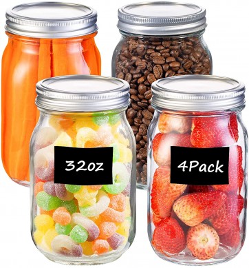 Wide Mouth Mason Jars 32 Oz  Large Canning Jars with Lids  Blank Labels Leak-Proof Airtight Lids for Food Storage