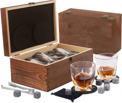 Whiskey Rocks Glasses Gift Set  Heavy Base Crystal Glass Whisky Chilling Stones in Wooden Gift Box  Burbon Gift Set for Men