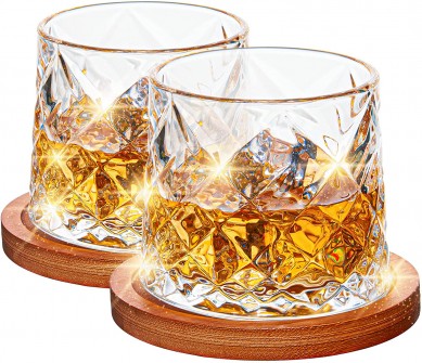 Whiskey glasses  rocks glasses with Rotatable coasters fashioned glass bar glasses for Drinking bourbon scotch cocktails,
