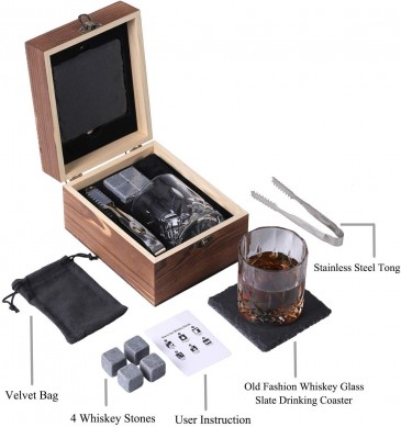 4 Chilling Whiskey Stones Crystal Whiskey Rock Glass Slate Coasters for Whiskey