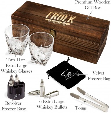 Whiskey Bullet Stones Premium Gift Set Large Twisted Whiskey Glasses In Novelty Wooden Box