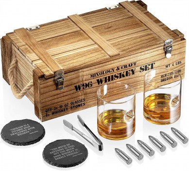 Amazion hot selling  stainless steel bullet shape whisky stone gift set including bullet wine glass stone coaster  in Army wooden box