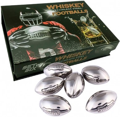 Whisky Stones Stainless Steel Footballs Set in Luxury Box Reusable Chilling Rocks