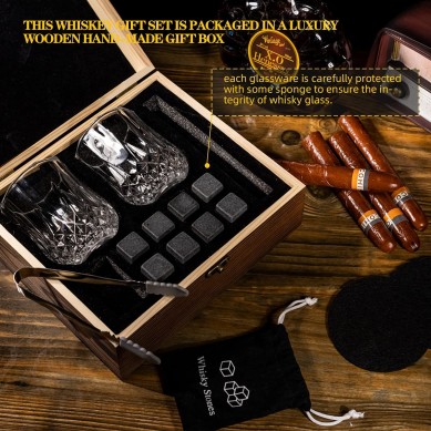 Whiskey glass set granite chilling whiskey stones in handmade wooden gift box gifts for men