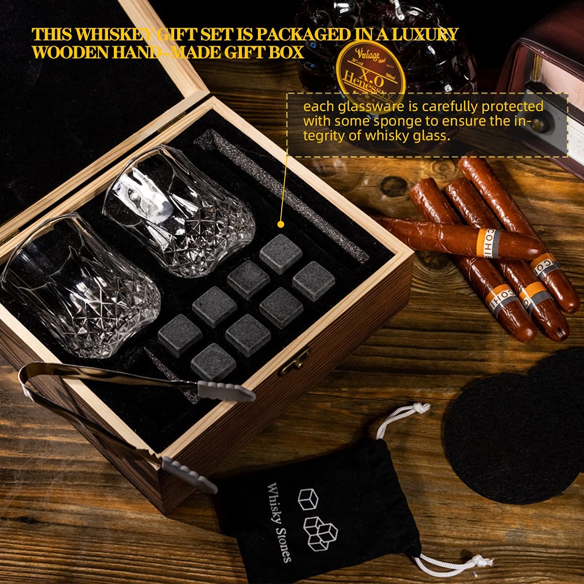 China OEM Ice Cube Stainless Steel - Whiskey glass set granite chilling whiskey stones in handmade wooden gift box gifts for men – Shunstone