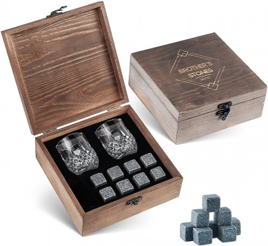 Whiskey Stones and Glass Set Granite Whisky Rocks Crystal Shot Glasses in Wooden Box