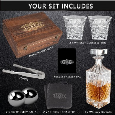 Whiskey Decanter Whisky Glasses in Gifts Box with 2 Reusable Stainless Steel Whiskey Stones