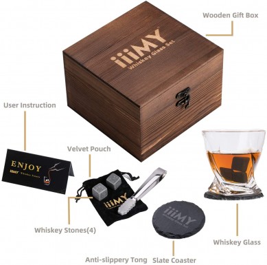 China whiskey stones factory twist wine glasses and whiskey stone gift set by luxury wooden box