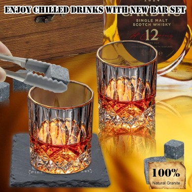 Newest design Whiskey Gifts Set old fashion whiskey glass reusable whisky stones in wood box