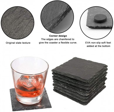 Natural Slate Coasters Square Table Mats Black Placemats Natural Stone Drinks Coasters with Wood Holder for Drinks