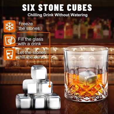 Custom Stainless Whiskey Stone Gift with 2 Crystal Whiskey Glasses in pine Wooden Box
