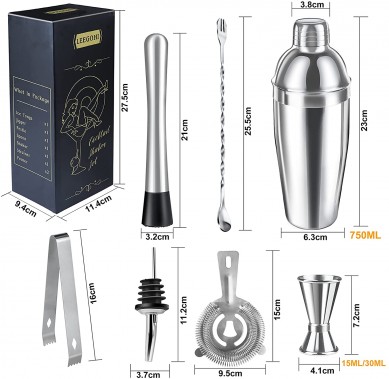 Stainless Steel 750ml Cocktail Shaker Bartender Kit Strainer Pourers Muddler Mixing Spoon Bar tool Gift Set