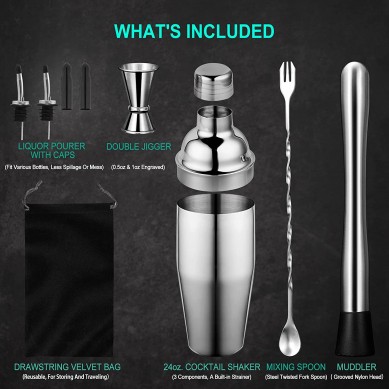 24 oz Cocktail Shaker Set Bartender Kit Stainless Steel Martini Shaker Mixing Spoon Muddler Measuring Jigger