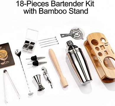 Perfect Home Bar Party Bartending Kit Cocktail Shaker Set with Bamboo Stand Martini Shaker Bar Tools Set