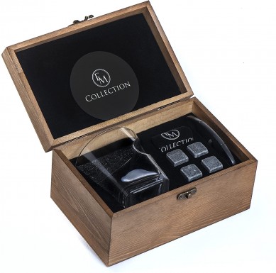 Cigar wine glass  Old Fashioned Glass with 4 Granite Whiskey Stones cigar cutter Coaster in Wooden Box