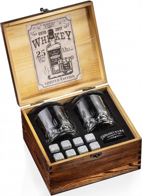 10 oz Whiskey Glasses 8 Granite Chilling Rocks Slate Coasters Metal Tong  in Rustic Wooden Crate