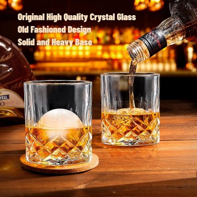 Classic Old Fashioned whiskey Glasses Crystal Scotch Bourbon Glasses Gift with Ice Ball Mold and Coasters