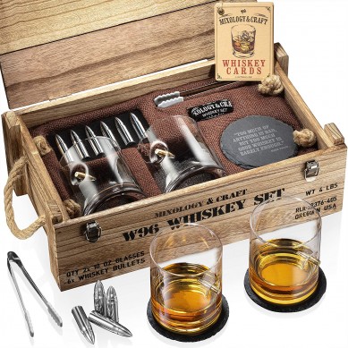 Amazion hot selling  stainless steel bullet shape whisky stone gift set including bullet wine glass stone coaster  in Army wooden box