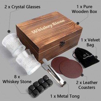 Whiskey Stones Whiskey Glass Gift Boxed Sets Basalt Chilling Whisky Rocks with 2 Glasses Whiskey Lovers Gifts for Men