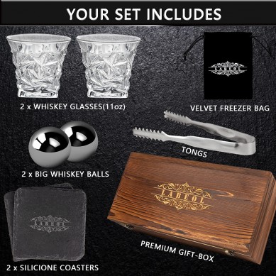 Whiskey Stones Whiskey Gift Sets for Men Whisky Glasses Reusable Stainless Steel Whisky Ball 2 Slate Coasters
