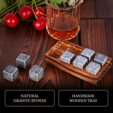 Reusable Natural Granite Whiskey Chilling Stones with Wooden Pallet Gift for Family  Friends in Christmas