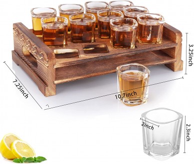 12 Shot Glass Party Server with rustic Wood Tray for Whiskey Vodka Spirit Liquor