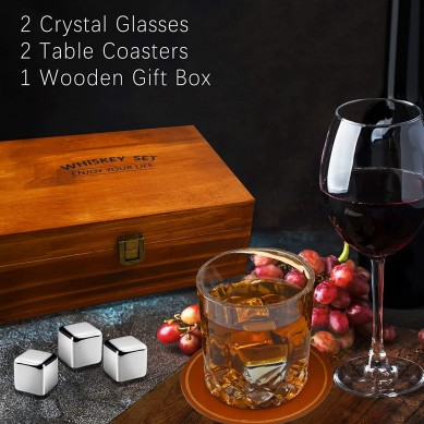 Bourbon Gifts for Men with 6 Stainless Steel Ice Cubes whisky glass wine opener accessories in wooden box