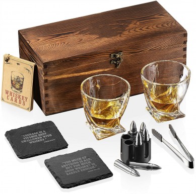 Whiskey Stones Gift wine Glasses 6 Stainless Steel Chilling Bullets 2 Coasters Bourbon Gifts for men