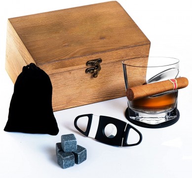 Cigar Whiskey Glass Set with Side Mounted Holder Old-Fashioned Glass with 4 Granite Whiskey Stones Gifts for Men