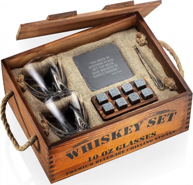 Heavy Base whiskey Glasses for Scotch Bourbon Drinker Whisky Rocks Chilling Stones in Wooden Gift Box