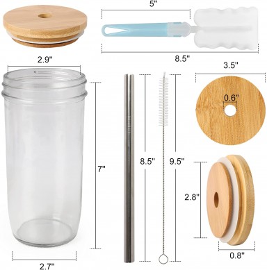 glass Jar with Lid and Straw Wide Mouth Mason Jar Drinking Glasses Tumbler Reusable Boba Cups with Bamboo Lid