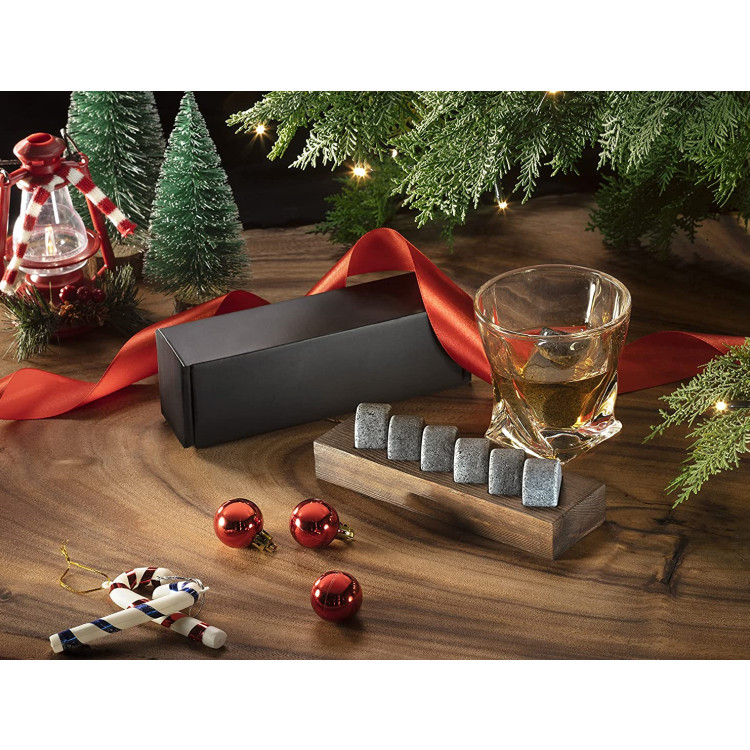 Round shape Whiskey Stone Gift Set  Handcrafted Premium Granite Round Sipping Rocks in wooden Storage Tray Unique Gift Featured Image