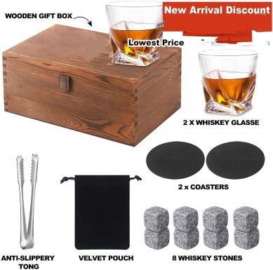 Whiskey Rocks Glasses Gift Set  Heavy Base Crystal Glass Whisky Chilling Stones in Wooden Gift Box  Burbon Gift Set for Men