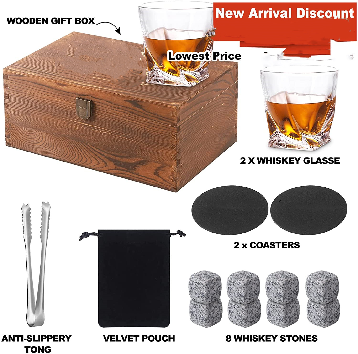 Whiskey Rocks Glasses Gift Set  Heavy Base Crystal Glass Whisky Chilling Stones in Wooden Gift Box  Burbon Gift Set for Men Featured Image