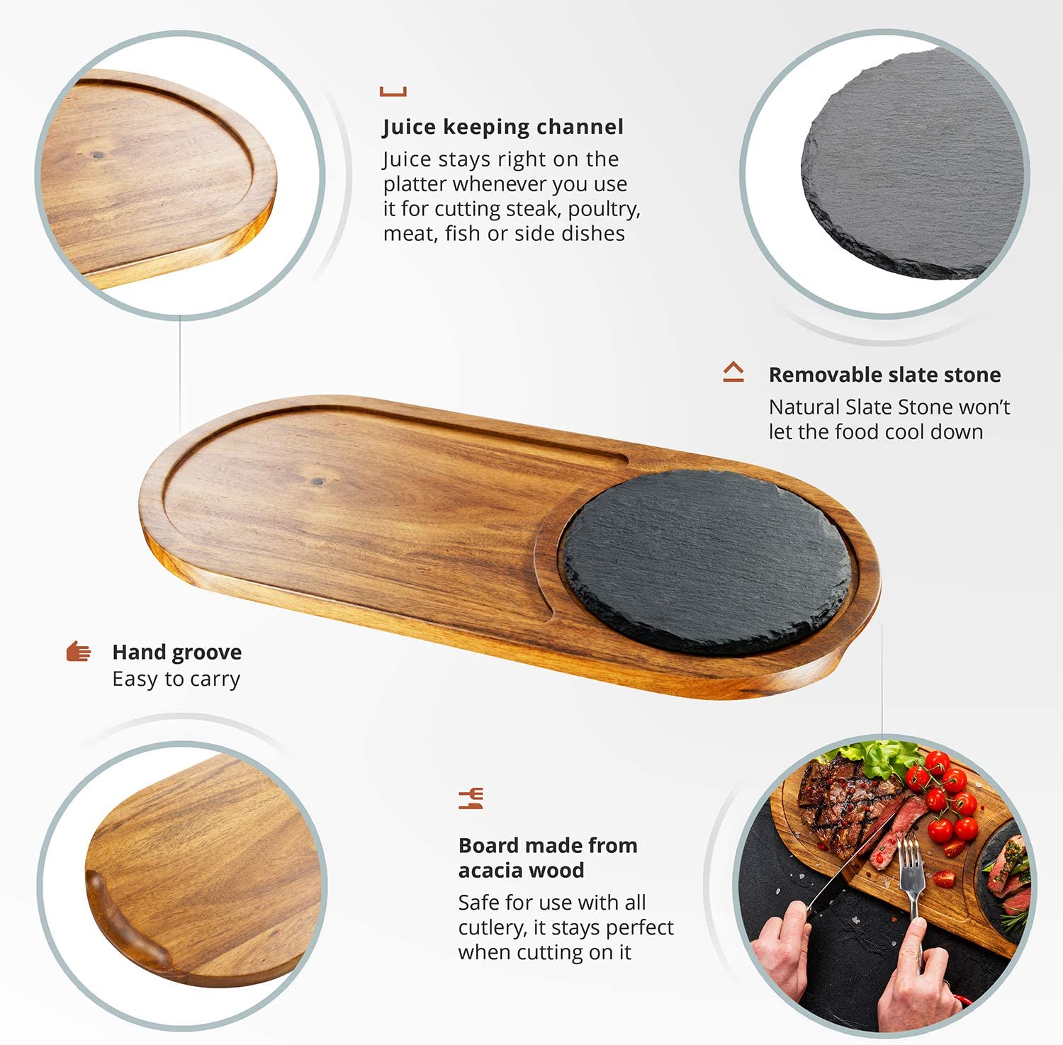 Steak Slate Plate - Acacia Wood - Stone - 3 Sizes Available