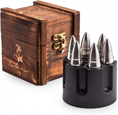 Stainless Steel Whiskey Stones Bullets Reusable Chilling Stone Ice Cubes in wooden box