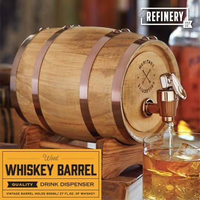 Wood Whiskey Barrel Dispenser for Serving and Entertaining Table Home