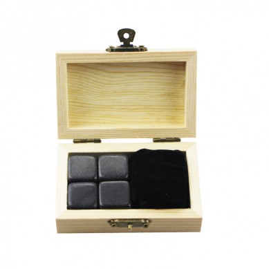 Hot selling chilling stone set Log colour whiskey gift wooden box 4pcs of Mongolia Black whiskey stones with 4 Stones and 1Velvet Bag small stone gift set