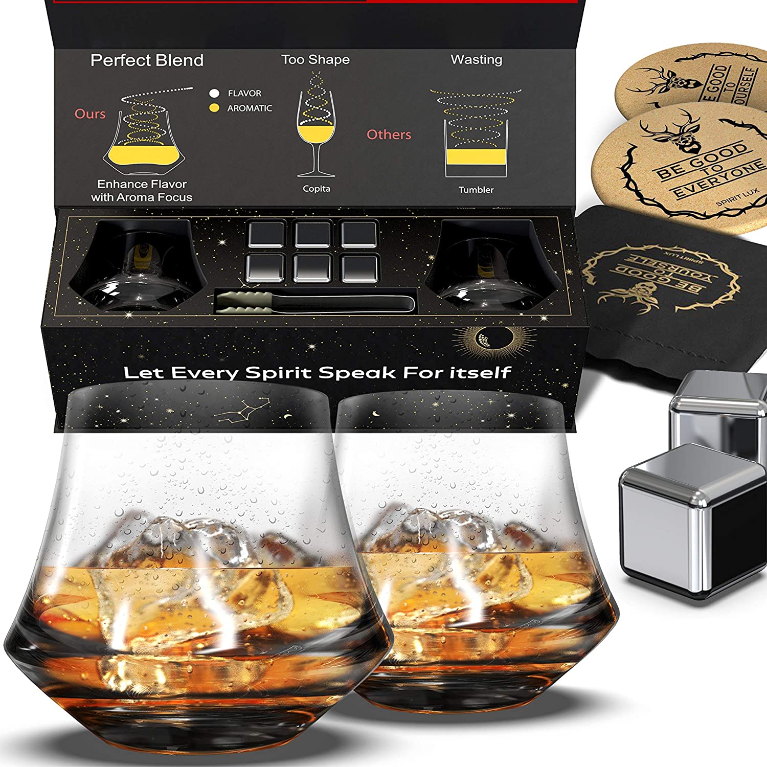 Well-designed Large Whiskey Stones -  Whiskey Glasses Set stainless steel Whiskey Stones Gift Set for Men with Crystal Bourbon Whiskey Glasses Gift Set – Shunstone