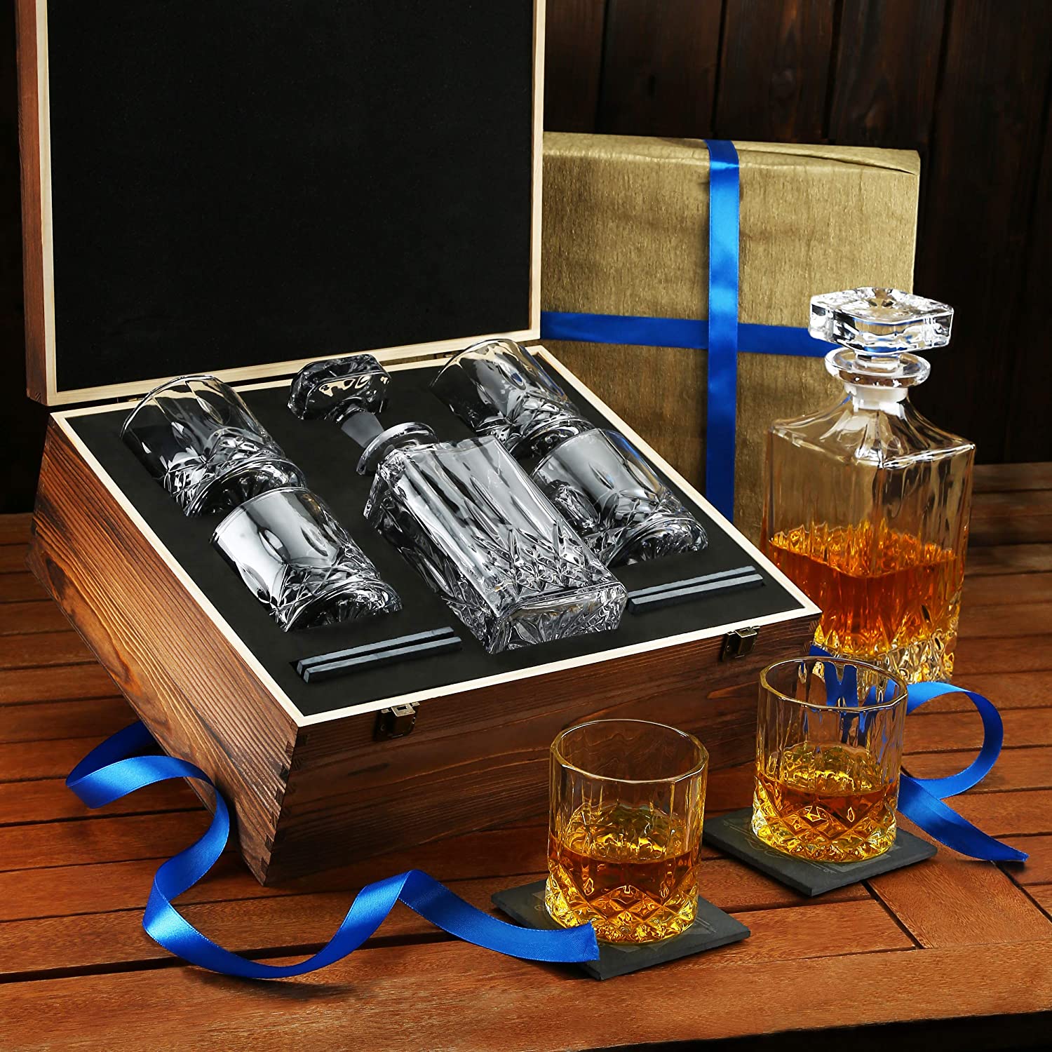 Hot sale Silicone Ice Tray - Whiskey Decanter and wine Glass Set  4 Extra Large Scotch Old Fashion Glasses Stone Coasters with wooden box  – Shunstone