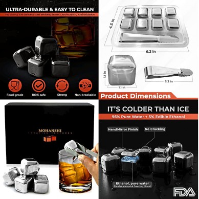 8 Reusable Stainless Steel whisky stone Highest Cooling Metal Ice for Coffee Beverages Steel Chilling Stones gift set