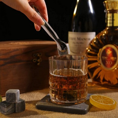 Pack of 6 Whisky Stones with Old Fashion Whisky Glass Drink Coaster Stainless Steel Tong in wooden box