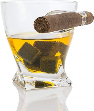 Whiskey Cigar Glasses with Side Mounted Cigar Holder Whisky Chilling Stones bar accessories Wooden Box