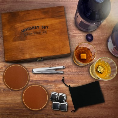 Bourbon Gifts for Men with 6 Stainless Steel Ice Cubes whisky glass wine opener accessories in wooden box