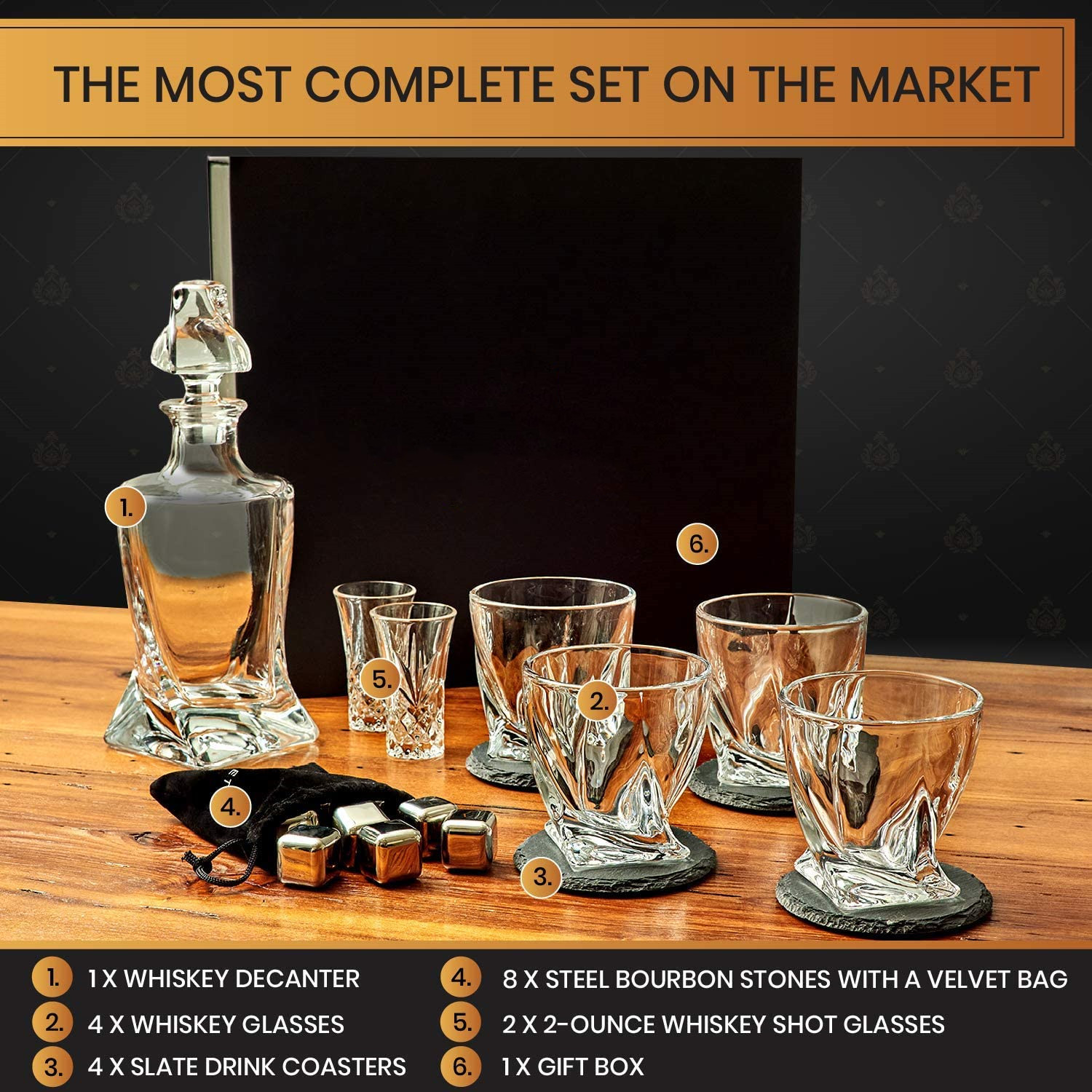 Whiskey Gift Set in Wood Box, Set of 2 Classic-Shape Whiskey Glasses, 8  Chilling Stones, Pouch, 2 Coasters & Tongs