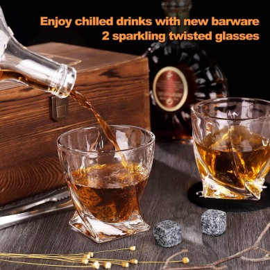 Whiskey Rocks Glasses Gift Set  Heavy Base Crystal Glass Whisky Chilling Stones in Wooden Gift Box  Burbon Gift Set for Men