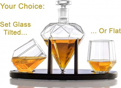 Elegant Handcrafted Crafted Glass  Whiskey Decanter Diamond shaped wine Glasses with Wooden Holder  Great Gift for men